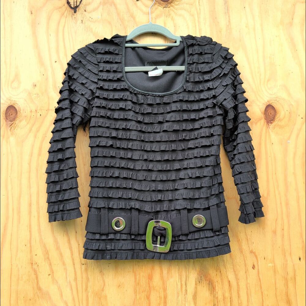 Frank Lyman Y2K Scoop Neck Shutter Ruffle Belt Buckle Black Top Women's Small